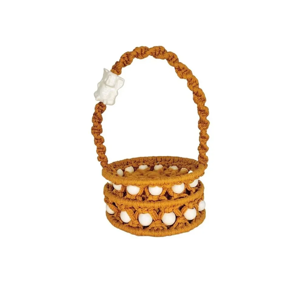 VTG 60s 70s MCM Gold Macrame Porcelain Elephant & Wood Beads Easter Basket 14